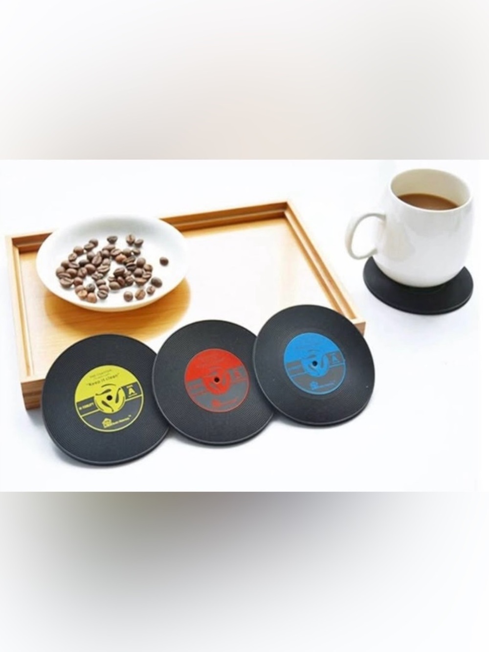 Vinyl Record Coasters - SET OF 4 (Red, Yellow, Green, Blue) - NEW / SEALED